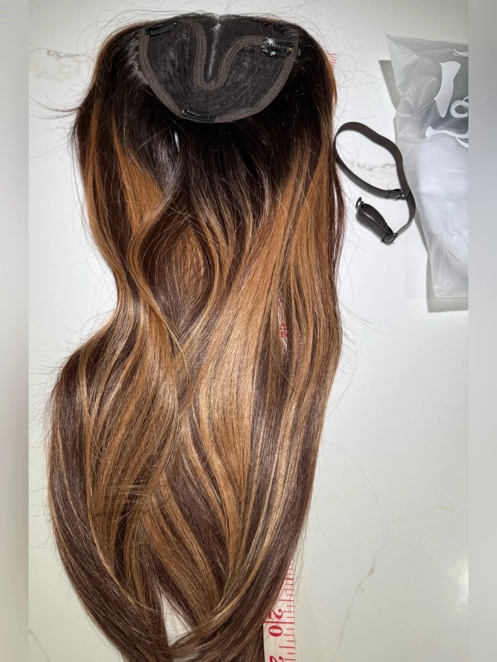 HAIR, 24” Straight Topper, Whispy bangs, Center Part, Brown Carmel Highlights